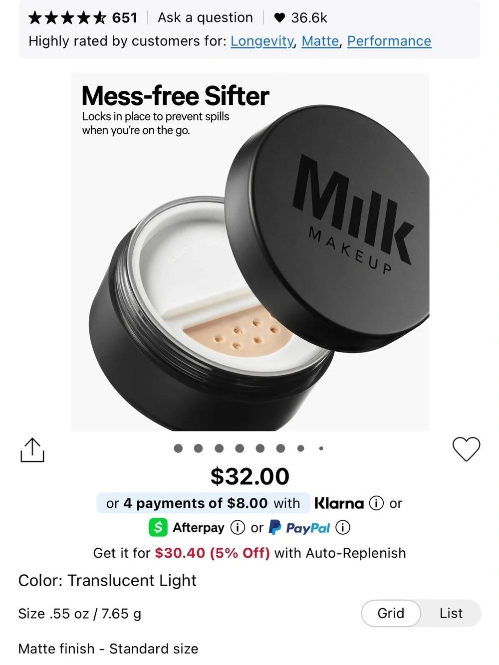 Milk Makeup Translucent Light Loose Setting Powder - White/Cream Sifter